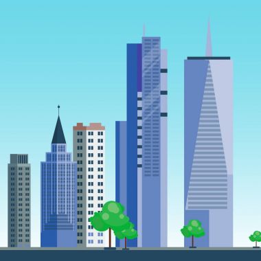 Şehir açık gün manzara ev ve sokak binalar açık cityspace tasarım vektör çizim modern düz arka plan