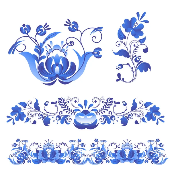 Décorations russes art style gzhel peint en bleu sur fleur blanche traditionnelle fleur folklorique branche motif vectoriel illustration . — Image vectorielle