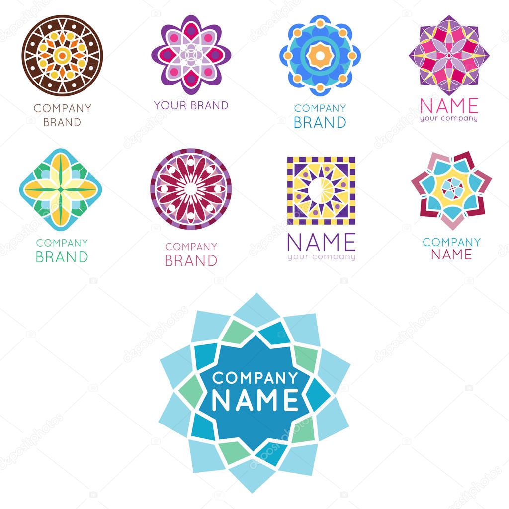 Abstract triangular polygonal shape kaleidoscope geometry company brand logo badge template circle decorative vector icon.. Oriental floral indian round abstraction ethnic mandala vintage motive.