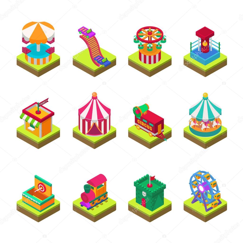 Park amusement attraction park with carousels kid outdoor entertainment construction vector illustration isometric game 3d style isolated