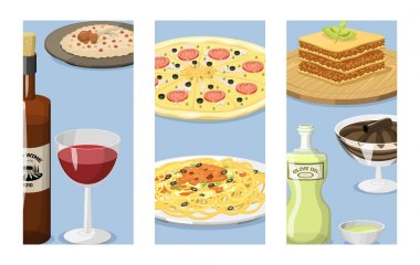 İtalya yemek kartları mutfağının lezzetli ev yapımı yemek taze geleneksel İtalyan öğle yemeği vektör çizim karikatür.