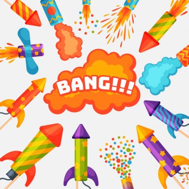 Havai fişek piroteknik roket ve sineklik doğum günü parti hediyesi kutlamak vektör çizim festival araçları