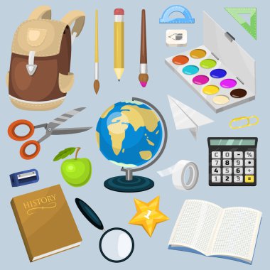 Okul sabit eğitim sırt çantası ekipman vektör çizim malzemeleri.