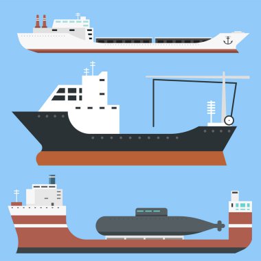 Yük gemileri ve tankerler teslim toplu taşıyıcı nakliye navlun tekne tankerlere arka plan vektör illüstrasyon izole tren