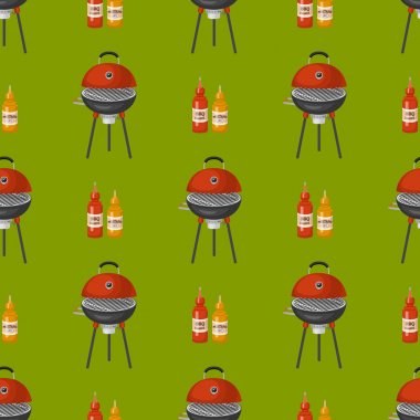 Barbekü ev Dikişsiz desen arka plan Restoran rarty akşam yemeği Barbekü Izgara mutfak ekipman vektör düz çizim