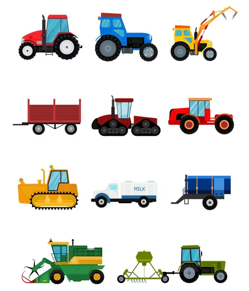 Agriculture équipement agricole industriel récolte machine tracteurs moissonneuses-batteuses et pelles mécaniques illustration vectorielle . — Image vectorielle