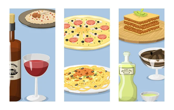 İtalya yemek kartları mutfağının lezzetli ev yapımı yemek taze geleneksel İtalyan öğle yemeği vektör çizim karikatür.