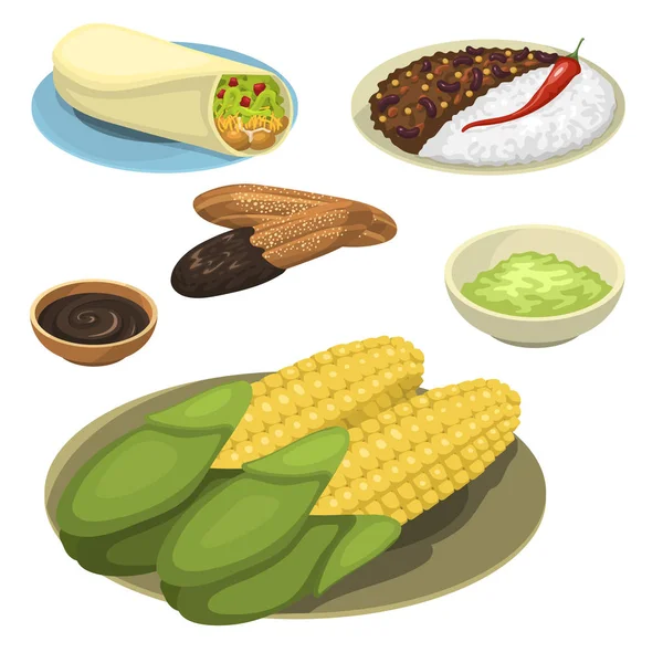 Platos de comida mexicana comida tradicional comida aislada salsa mexicana cocina vector ilustración — Vector de stock