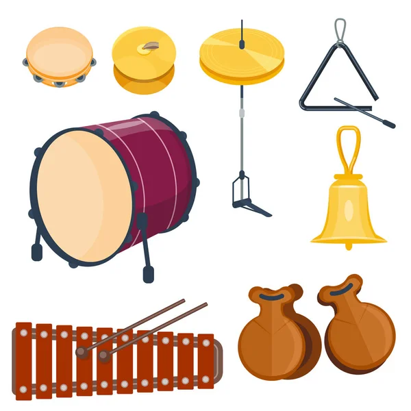 Batería musical madera ritmo música instrumento serie conjunto de percusión vector ilustración — Vector de stock