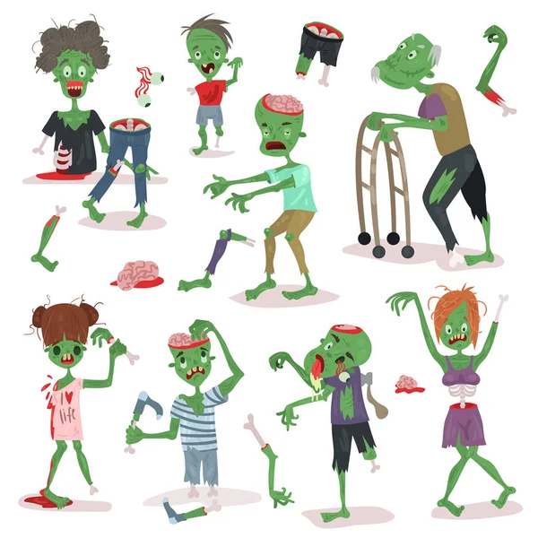 Zombie scary cartoon people character Halloween people body parts group of cute green character monsters vector illustration. — Stock Vector