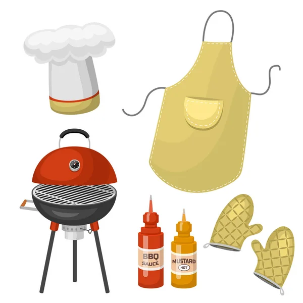 Grillfest hemma eller på restaurang rarty middag produkter bbq grillning kök utrustning platt vektorillustration — Stock vektor