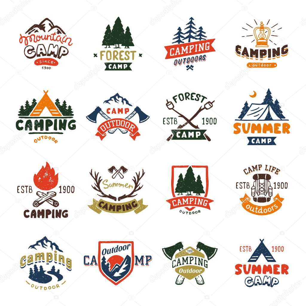 Camping logo badges and travel template hand drawn emblems vector illustration.