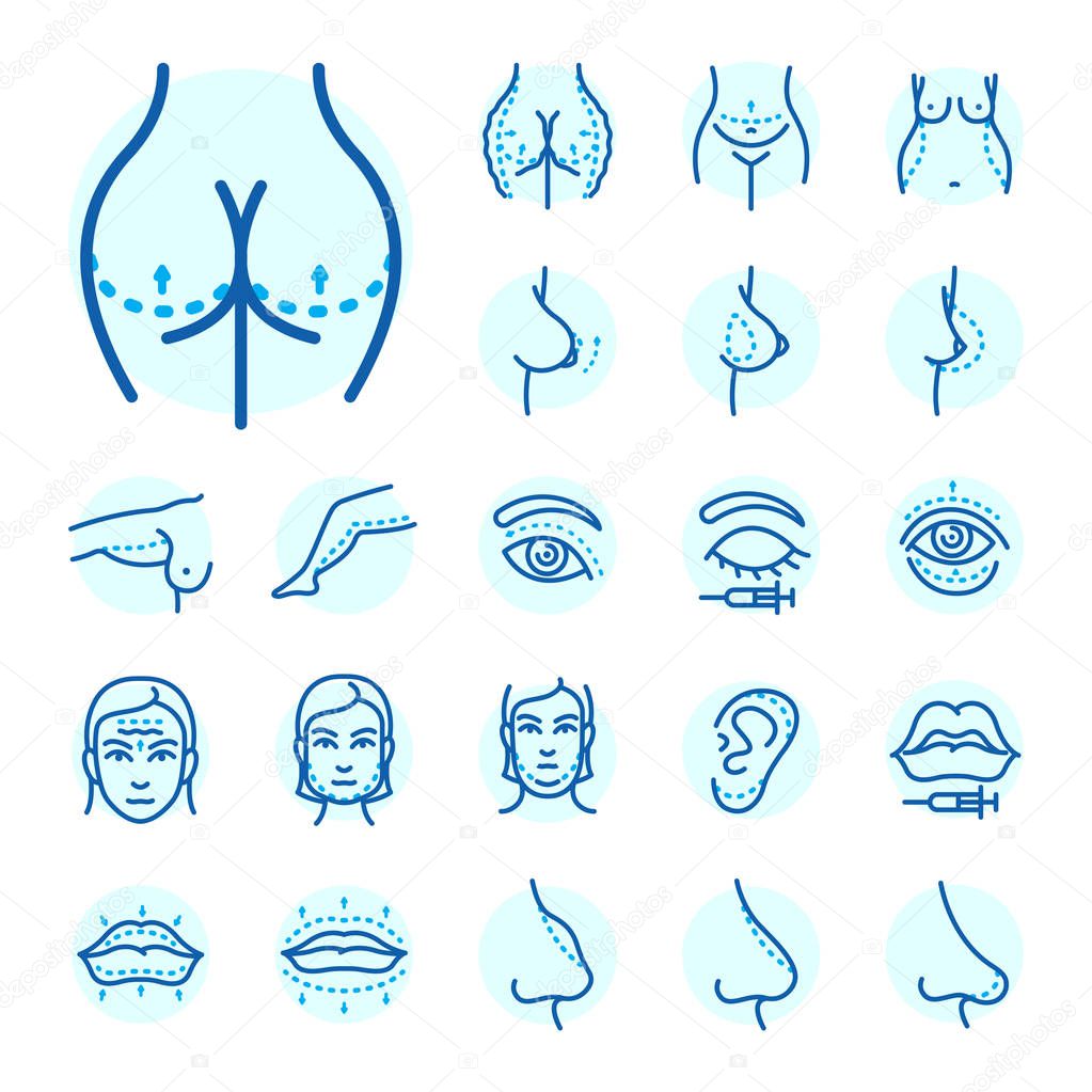 Plastic surgery body parts face correction infographic icons anaplasty medicine skin treatment beauty health procedure vector illustration. Human patient medical surgeon person anatomy.