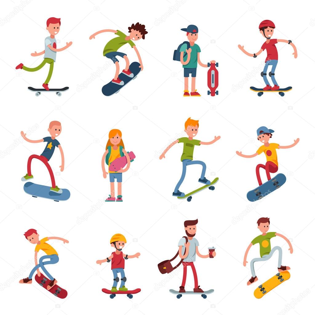 Young skateboarder active people sport extreme active skateboarding urban jumping tricks vector illustration.