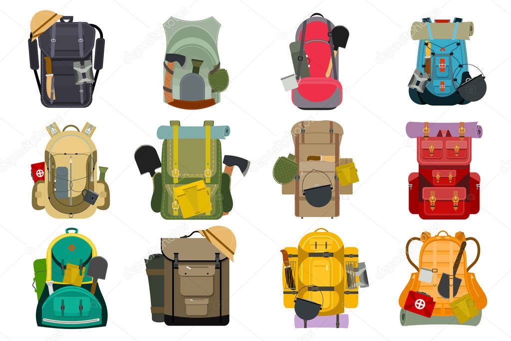 Backpack rucksack travel tourist knapsack outdoor hiking traveler backpacker baggage luggage vector illustration.