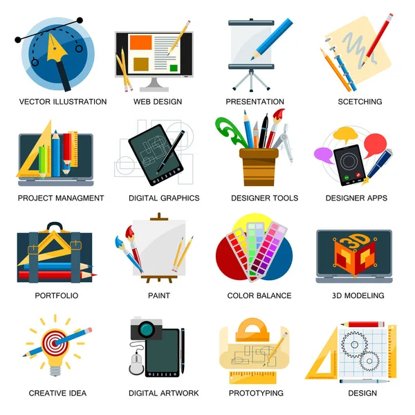 Yaratıcılık simgeler hayal illüstrasyon soyut renkli düz yaratıcı süreç tasarım geliştirme öğelerine vektör.