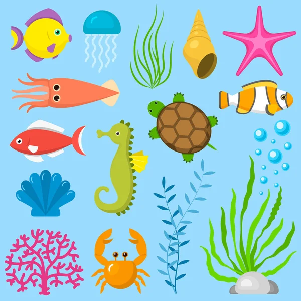 Set acquatico divertenti animali marini creature subacquee personaggi dei cartoni animati shell acquario vita marina vettoriale illustrazione . — Vettoriale Stock