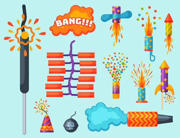 Fogo de artifício pirotecnia foguete e flapper presente festa de aniversário celebrar ferramentas vetor ilustração festival — Vetor de Stock