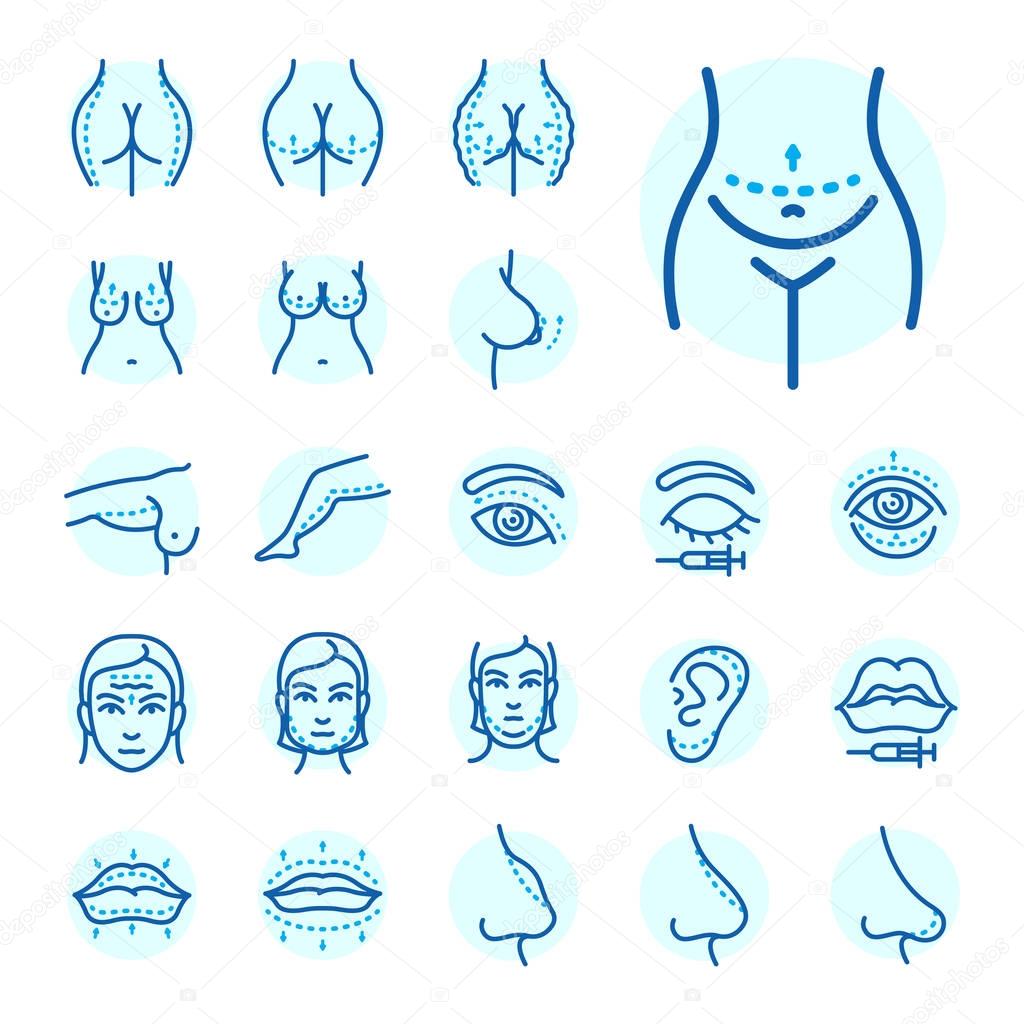 Plastic surgery body parts face correction infographic icons anaplasty medicine skin treatment beauty health procedure vector illustration. Human patient medical surgeon person anatomy.