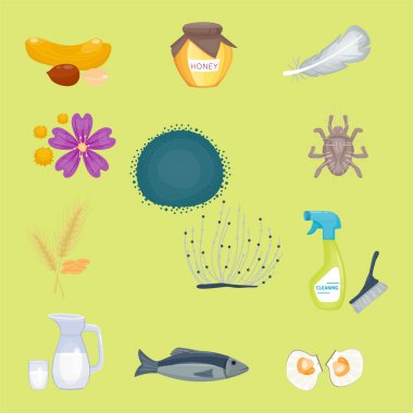 Anti sembolleri hastalık sağlık gıda virüs sağlık düz hastalık alerjen belirtileri hastalık bilgi vektör çizim.