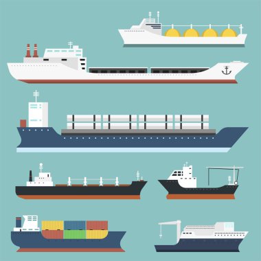 Yük gemileri ve tankerler teslim toplu taşıyıcı nakliye navlun tekne tankerlere arka plan vektör illüstrasyon izole tren