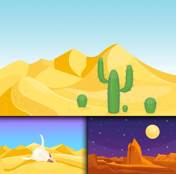 沙漠山脉砂岩荒野景观背景干燥下太阳热沙丘风光旅游矢量插画. — 图库矢量图片