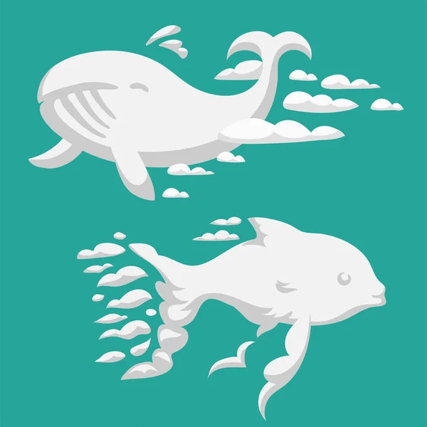 Nubes animales silueta ballena patrón vector ilustración cielo abstracto dibujos animados océano joroba natural — Vector de stock