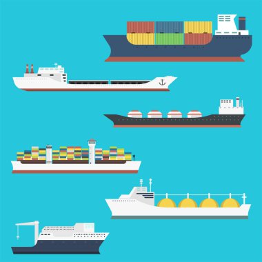 Yük gemileri ve tankerler teslim toplu taşıyıcı nakliye navlun tekne tankerlere arka plan vektör illüstrasyon izole tren