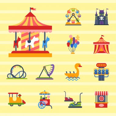 Carousels eğlence cazibe Parkı yan-show çocuklar açık hava eğlence inşaat vektör çizim.