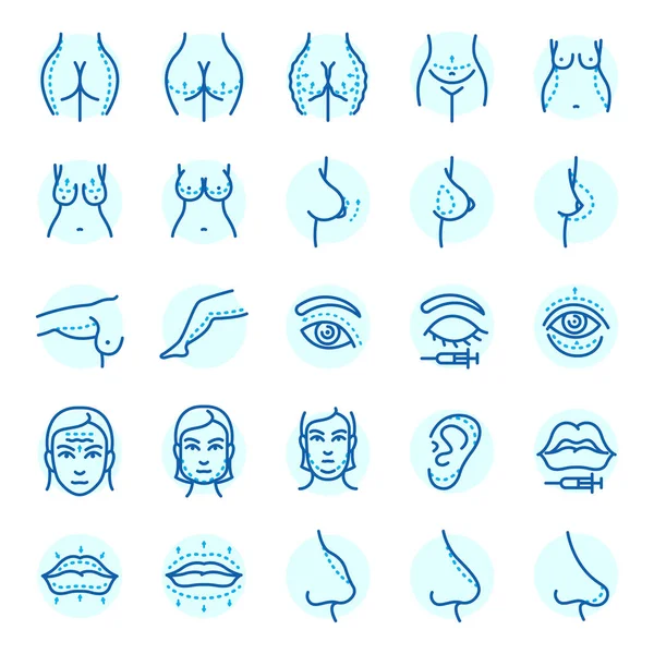 Cirugía plástica partes del cuerpo corrección facial iconos infográficos anaplastía medicina tratamiento de la piel belleza procedimiento de salud vector ilustración — Vector de stock