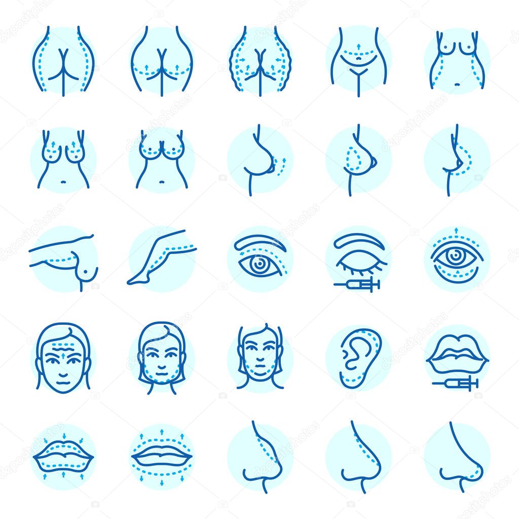Plastic surgery body parts face correction infographic icons anaplasty medicine skin treatment beauty health procedure vector illustration. Human patient medical surgeon person anatomy.