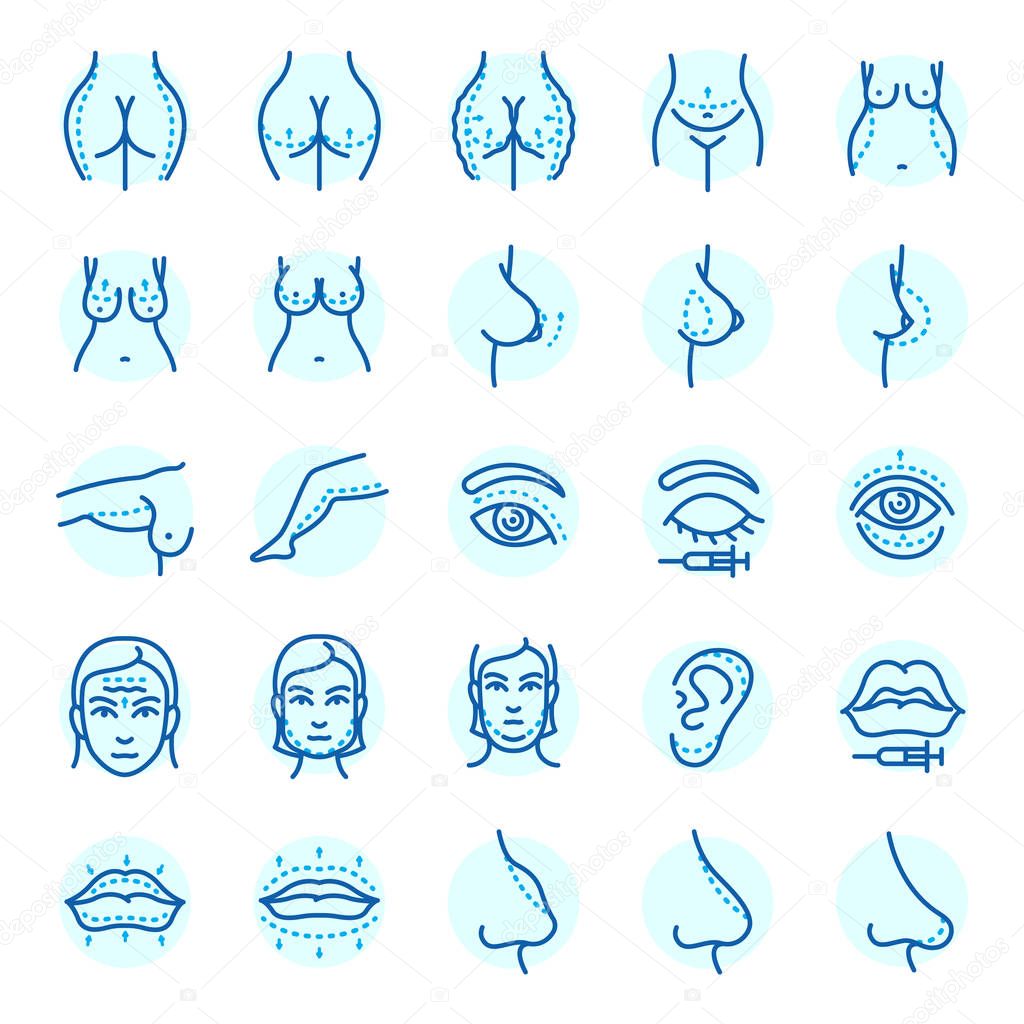 Plastic surgery body parts face correction infographic icons anaplasty medicine skin treatment beauty health procedure vector illustration