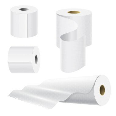 Gerçekçi kağıt rulosunun küme izole vektör çizim boş beyaz 3d ambalaj mutfak havlu şablonu sahte