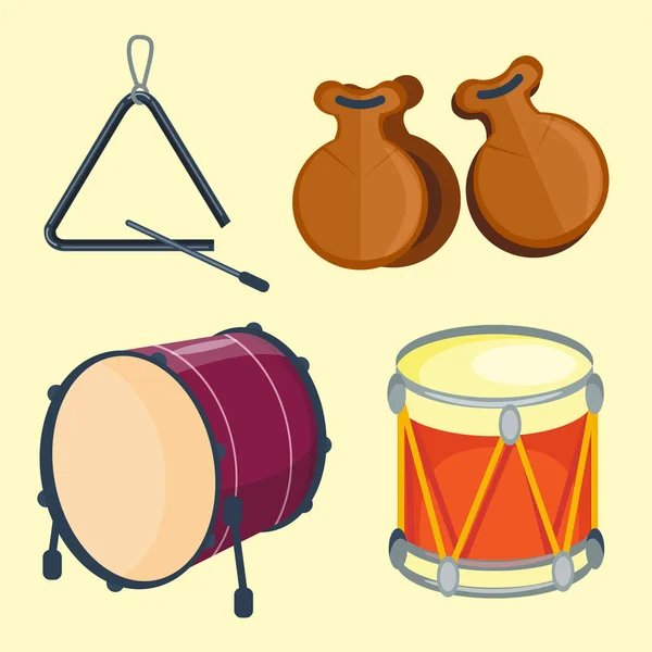 Batería musical madera ritmo música instrumento serie conjunto de percusión vector ilustración — Vector de stock