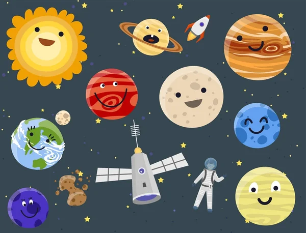 Astronaut Raumfahrt Landung Planeten Raumschiff Sonnensystem zukünftige Erforschung Raumschiff Kosmonauten Rakete Shuttle Vektor Illustration — Stockvektor