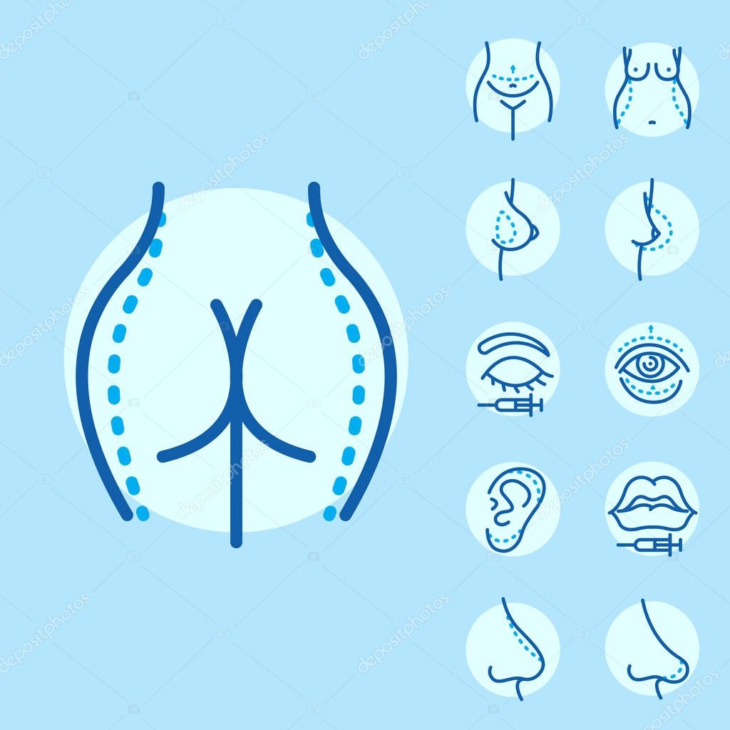 Plastic surgery body parts face correction infographic icons anaplasty medicine skin treatment beauty health procedure vector illustration. Human patient medical surgeon person anatomy.