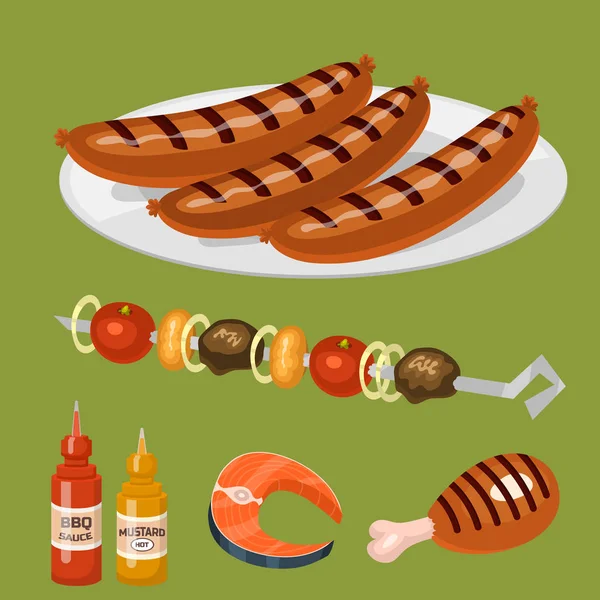 Barbacoa hogar o restaurante raros productos de la cena barbacoa a la parrilla equipo de cocina vector ilustración plana — Vector de stock