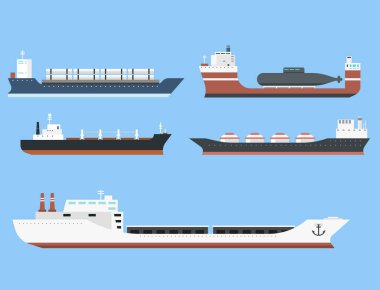 Yük gemileri ve tankerler teslim toplu taşıyıcı nakliye navlun tekne tankerlere arka plan vektör illüstrasyon izole tren