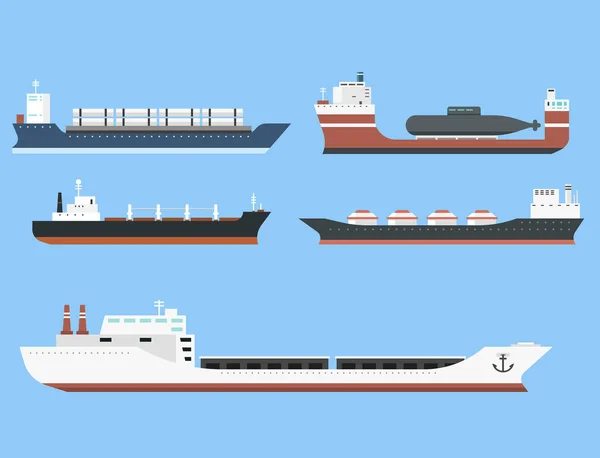 Φορτηγά πλοία και δεξαμενόπλοια αποστολής παράδοσης χύδην τρένο εμπορευματικών δεξαμενόπλοια βάρκα απομονώνονται σε εικονογράφηση διάνυσμα φόντο — Διανυσματικό Αρχείο