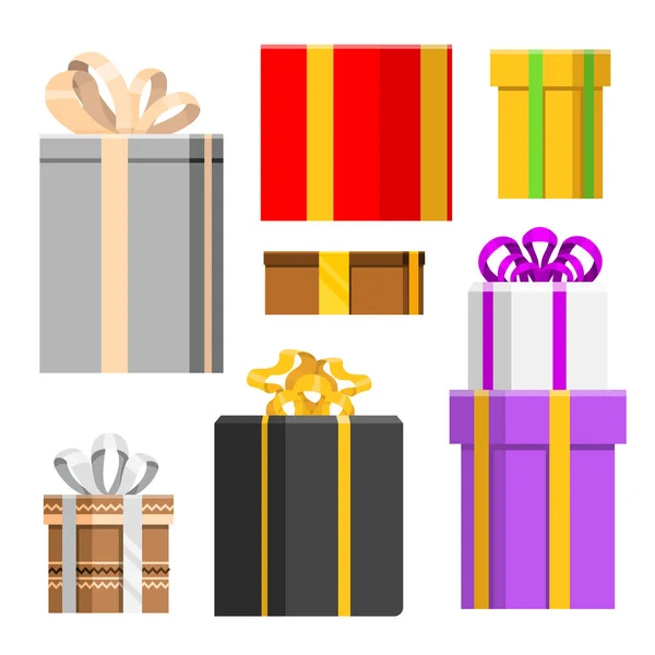 Cajas de regalo paquete composición evento saludo objeto cumpleaños aislado en blanco vector ilustración . — Vector de stock