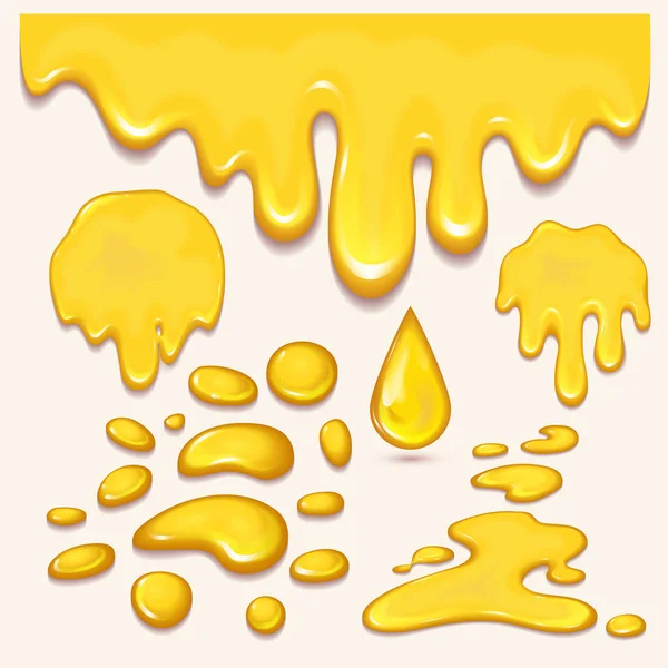 Set of orange honey drops and yellow splashes healthy syrup golden food liquid drip vector illustration. — Stock Vector