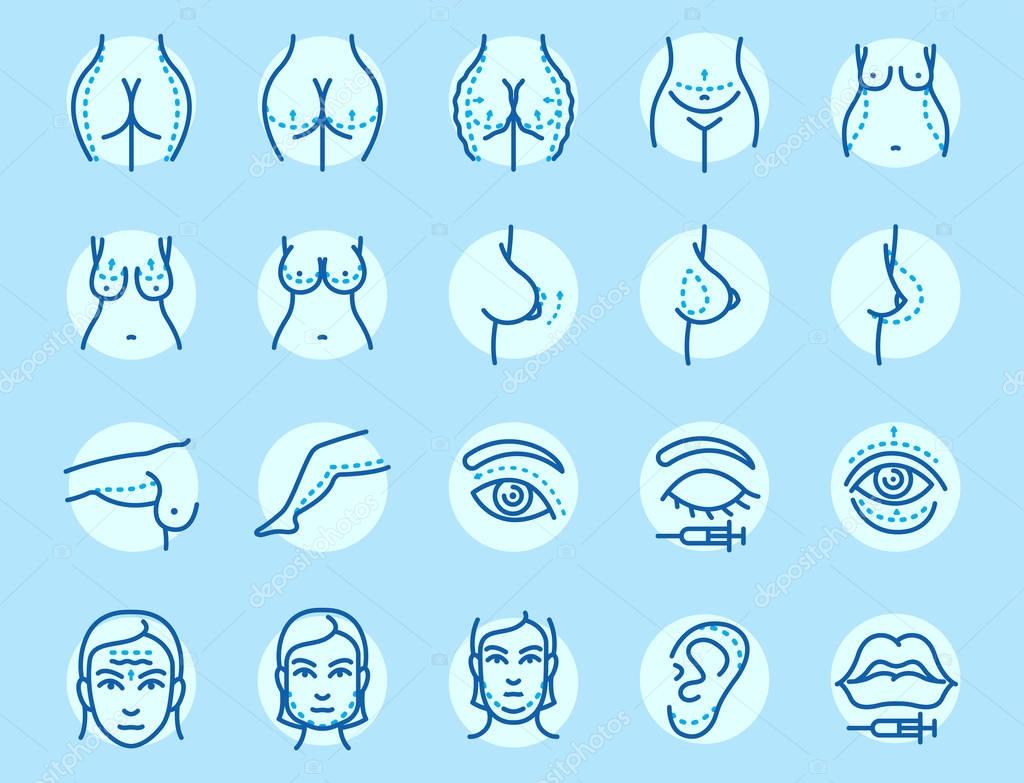 Plastic surgery body parts face correction infographic icons anaplasty medicine skin treatment beauty health procedure vector illustration. Human patient medical surgeon person anatomy.