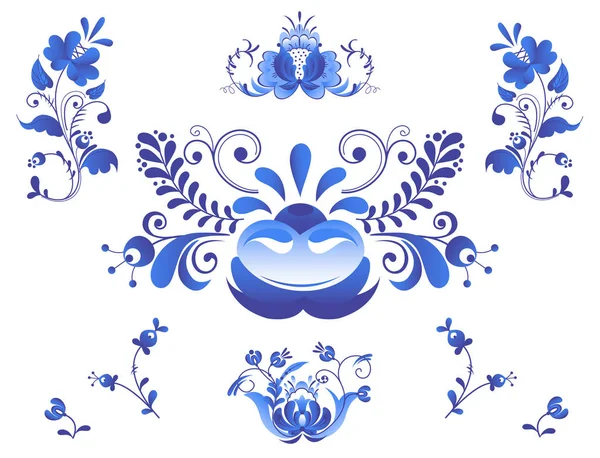 Enfeites russos arte estilo gzhel pintado com azul na flor branca tradicional folclore ramo padrão vetor ilustração . — Vetor de Stock