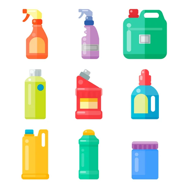 Üveg háztartási vegyiáru kellékek tisztító házimunka műanyag mosószer folyékony hazai folyadék tisztító csomag vektoros illusztráció. — Stock Vector