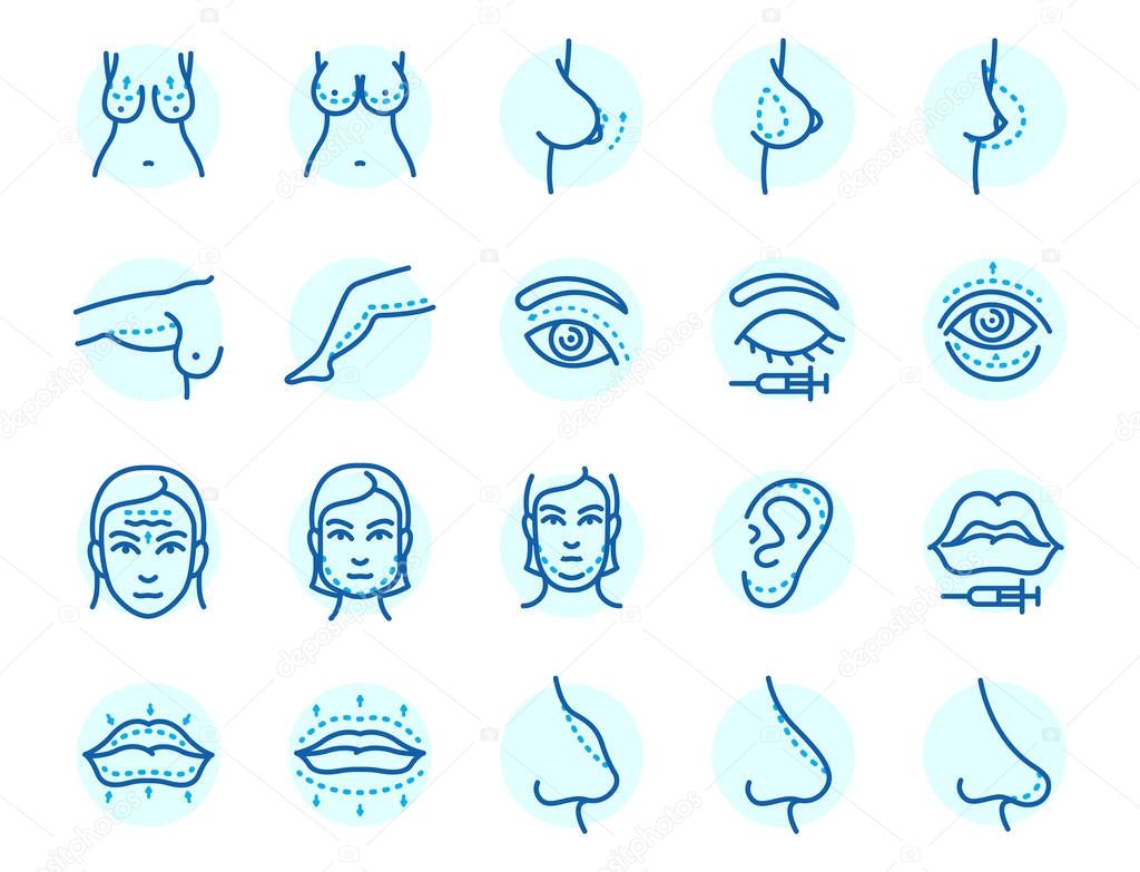 Plastic surgery body parts face correction infographic icons anaplasty medicine skin treatment beauty health procedure vector illustration. Human patient medical surgeon person anatomy.