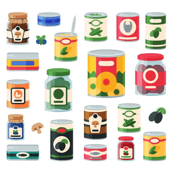 Latas enlatado mercancías alimentos contenedor tienda de comestibles y almacenamiento de productos etiqueta de aluminio conservar vector ilustración . — Archivo Imágenes Vectoriales