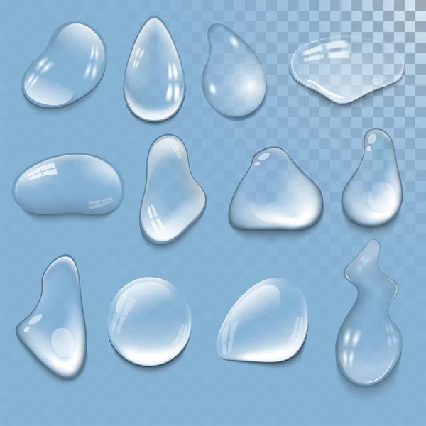 Realista pura e transparente gotas de água conjunto vetor ilustração molhado luz abstrato macro fresco bolha . —  Vetores de Stock