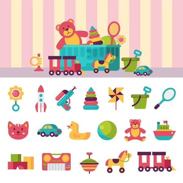 Full kid toys in boxes for kids play childhood babyroom container vector illustration — Stock Vector