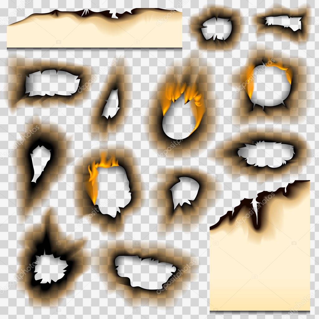 Burned paper realistic fire flame isolated page sheet torn ash vector illustration