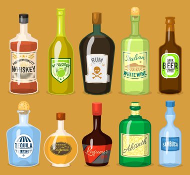 Alcohol strong drinks in bottles cartoon glasses whiskey, cognac, brandy, wine vector illustration clipart